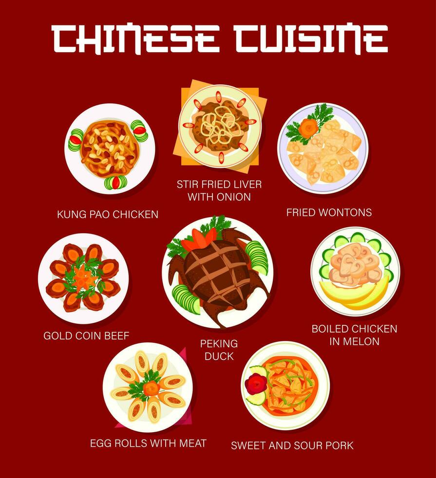 chino cocina comida menú, asiático Pekín Pato plato vector