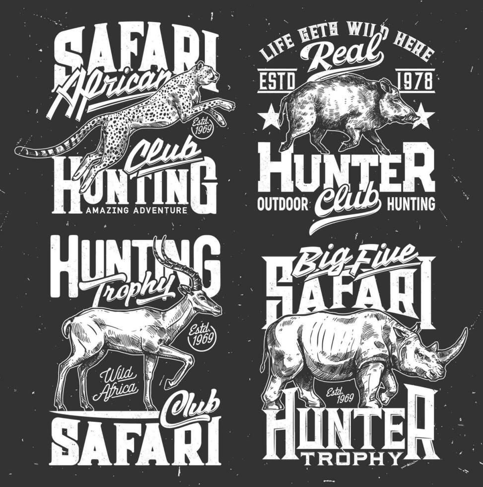 safari caza bosquejo camiseta huellas dactilares vector conjunto