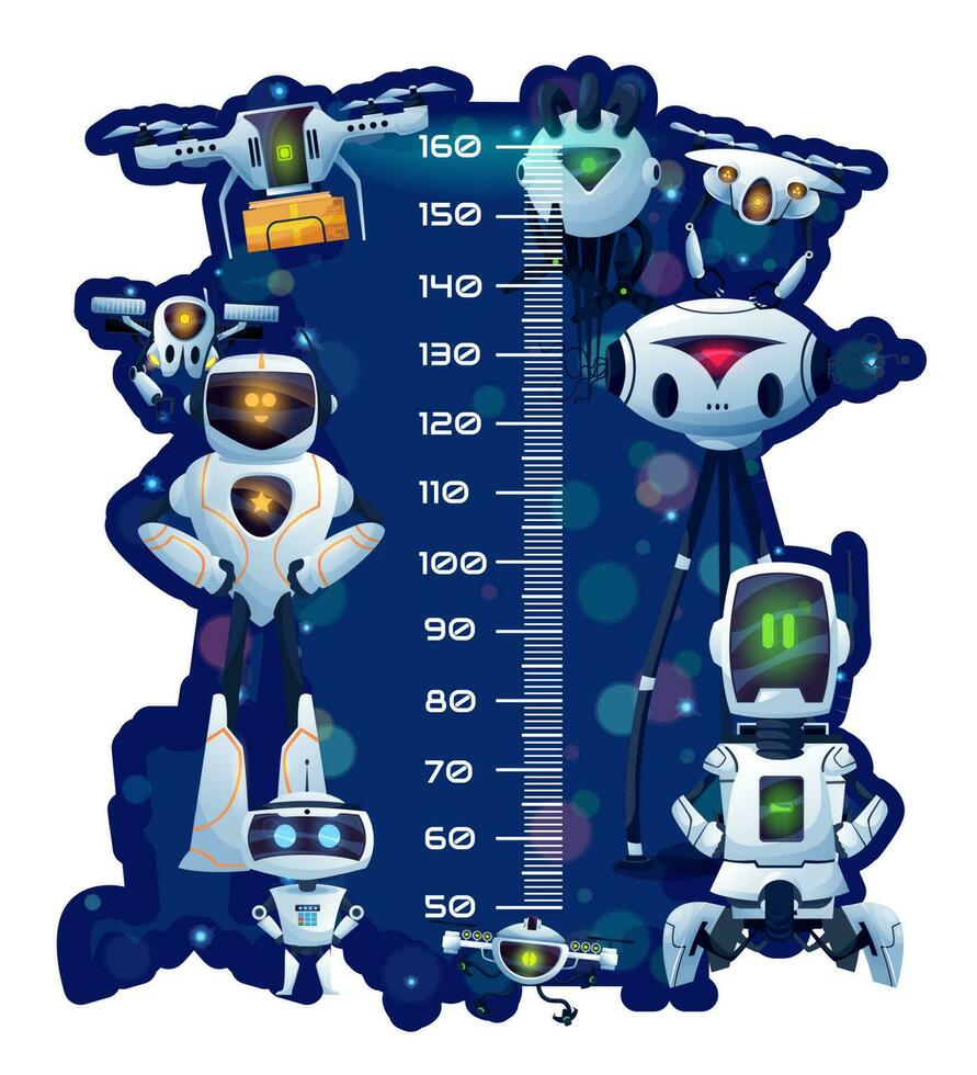 Kids height chart, robots and droids growth meter vector