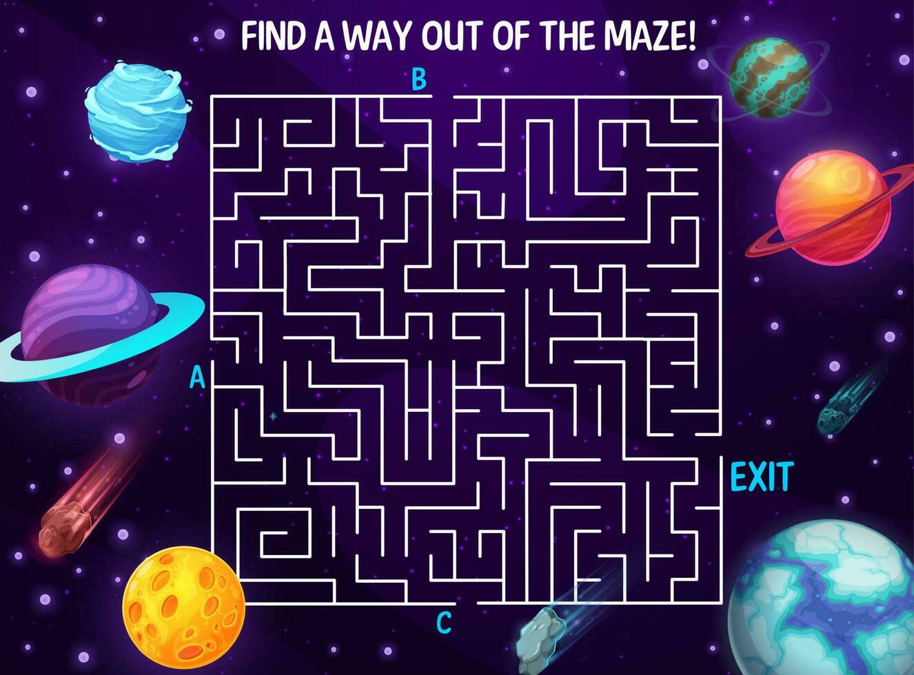 Space labyrinth maze cartoon galaxy, boardgame vector