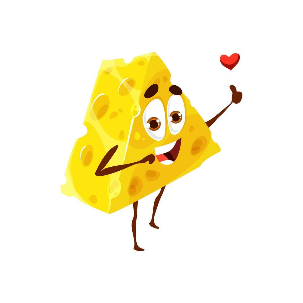 dibujos animados queso personaje con corazón, amarillo rebanada vector