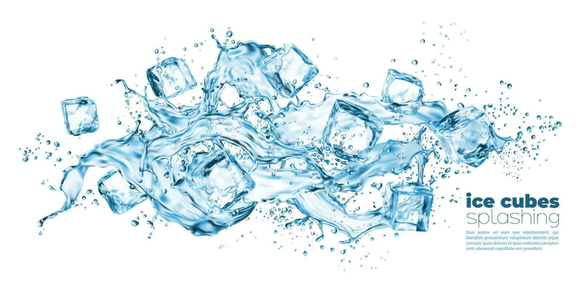 Realistic ice cubes and water wave splashes, drops vector