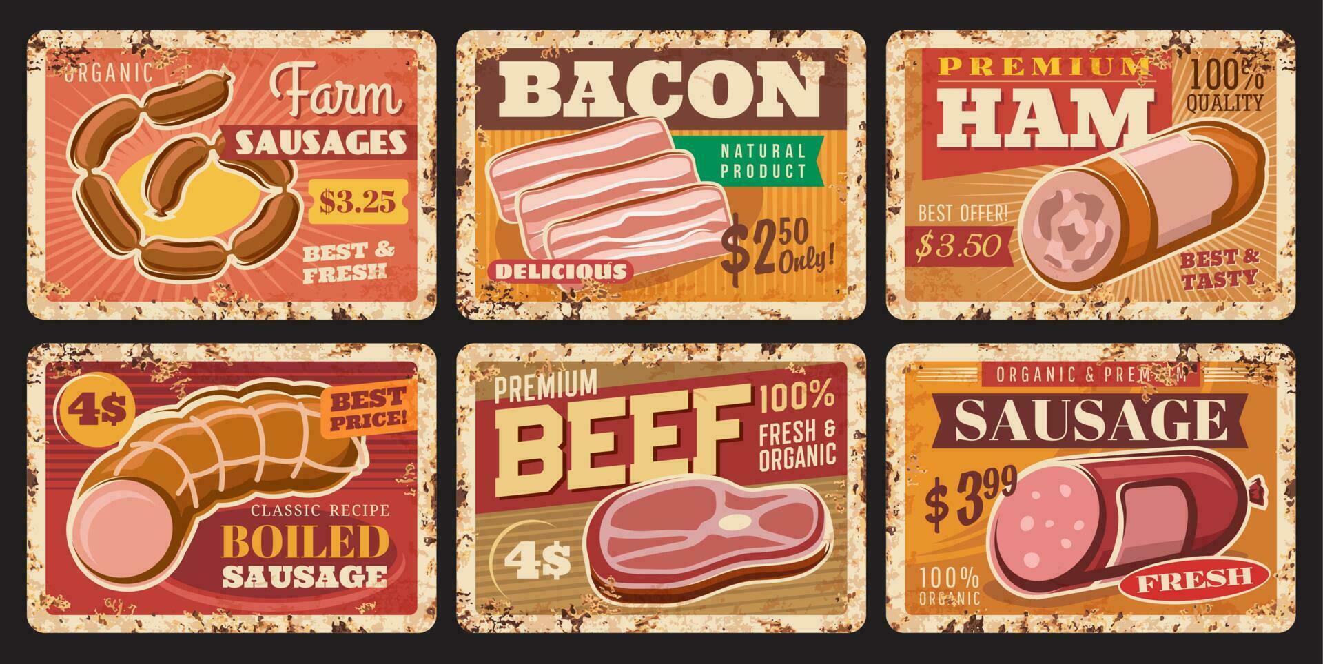 Beef meat, sausages and ham rusty plates or signs vector