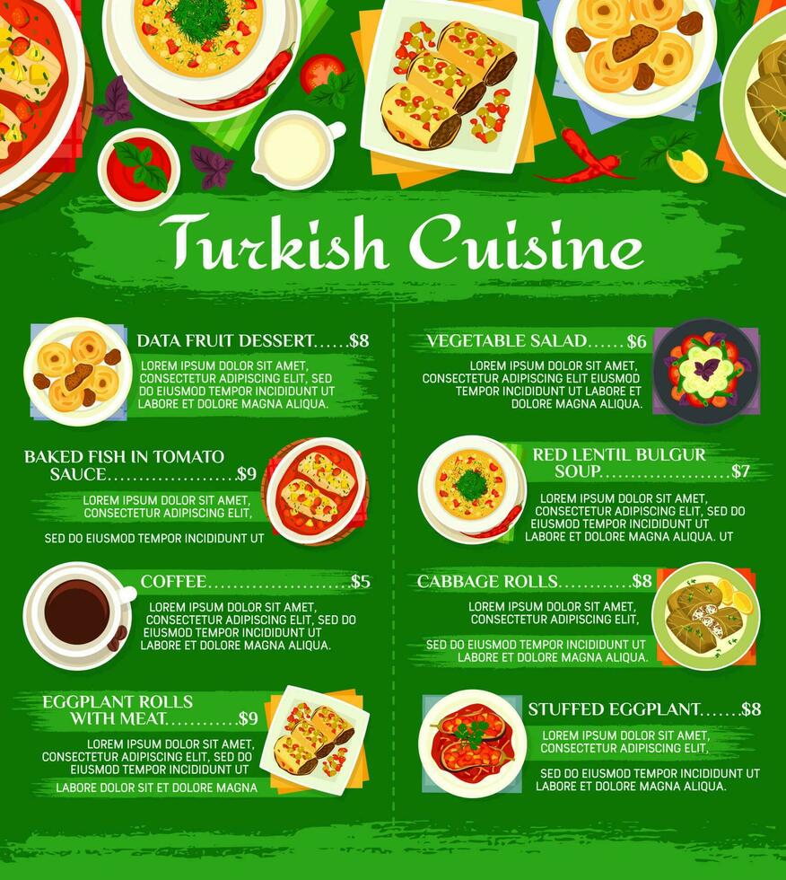 Turkish cuisine menu template, Turkey meals list vector