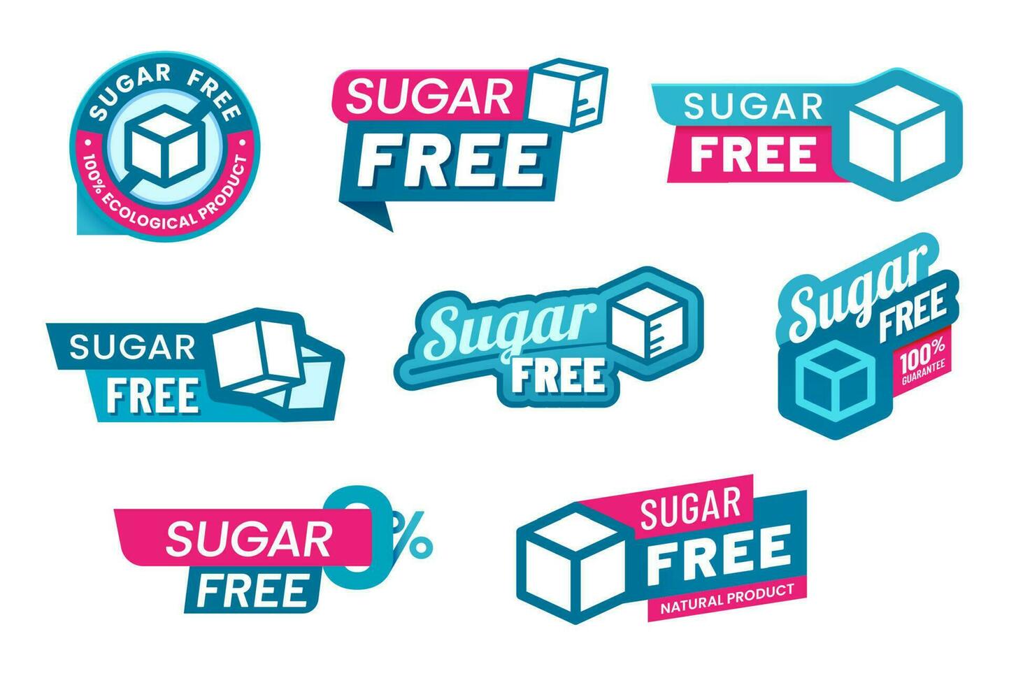 Sugar free icons and labels, low zero sugar food vector