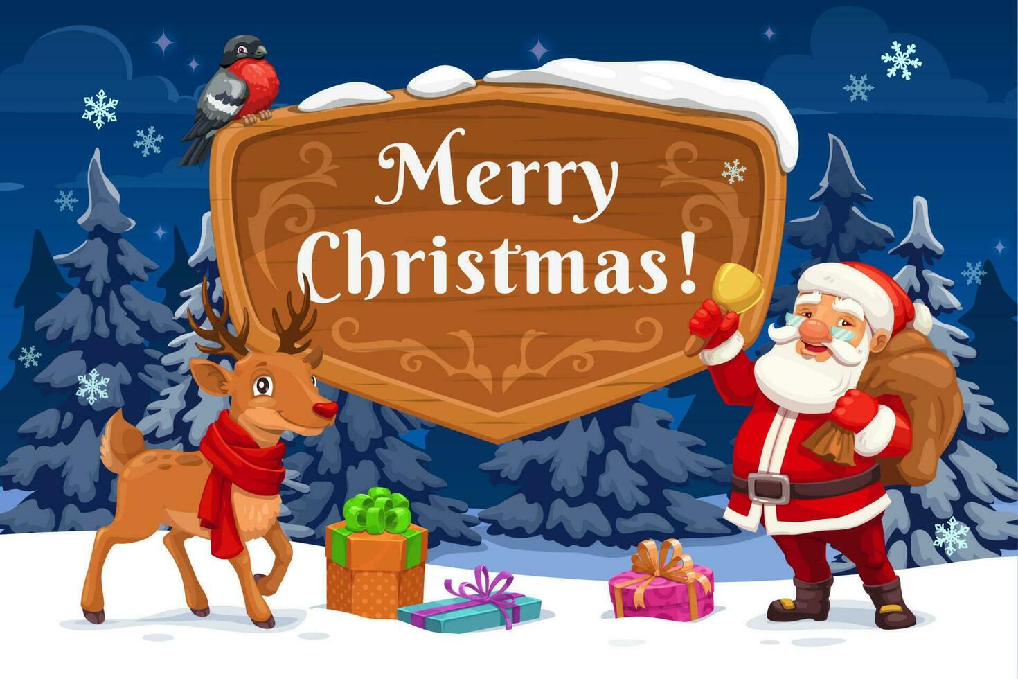 Santa and Christmas reindeer with Xmas gifts, bell vector