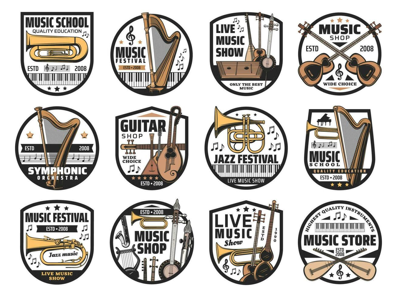 Musical instruments and notes, music icons vector