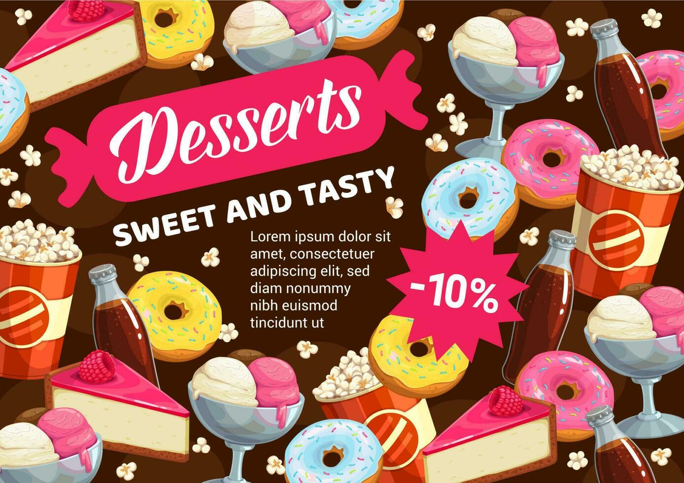 Sweet desserts, donuts, bakery cakes and ice cream vector