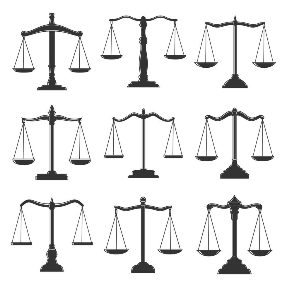 Scales, justice law and notary lawyer legal icons vector