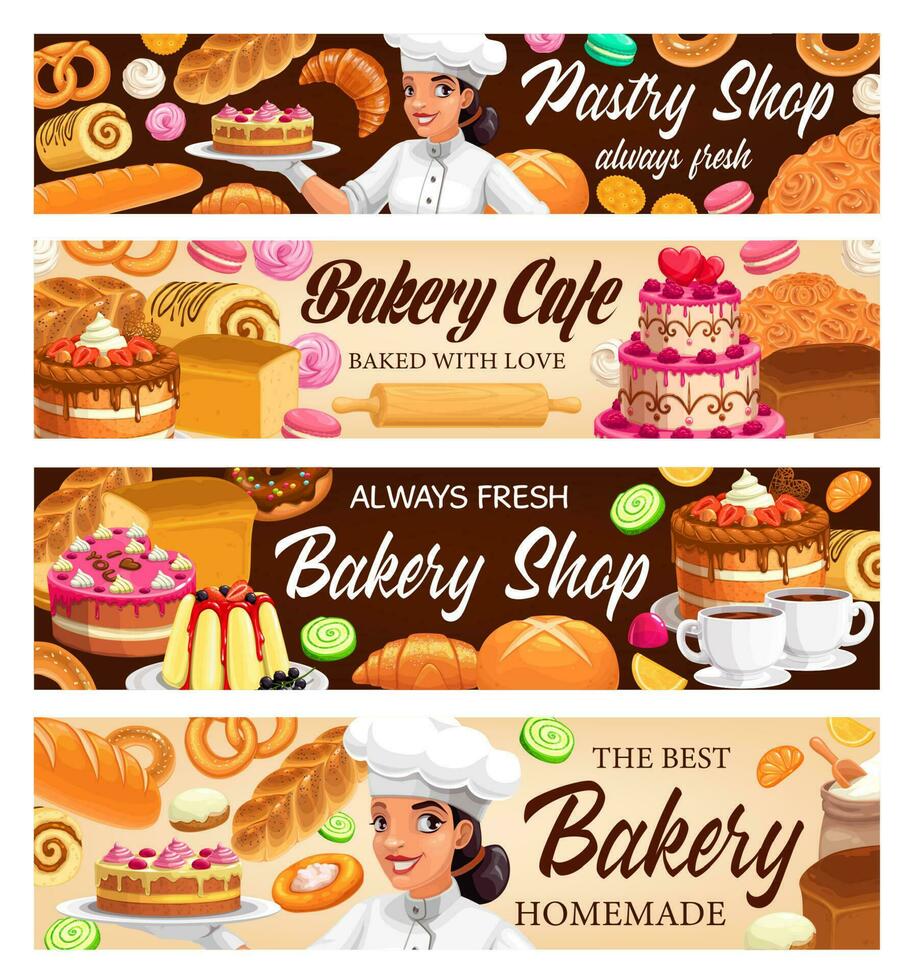 Desserts, cakes, bakery vector banners, baker shop