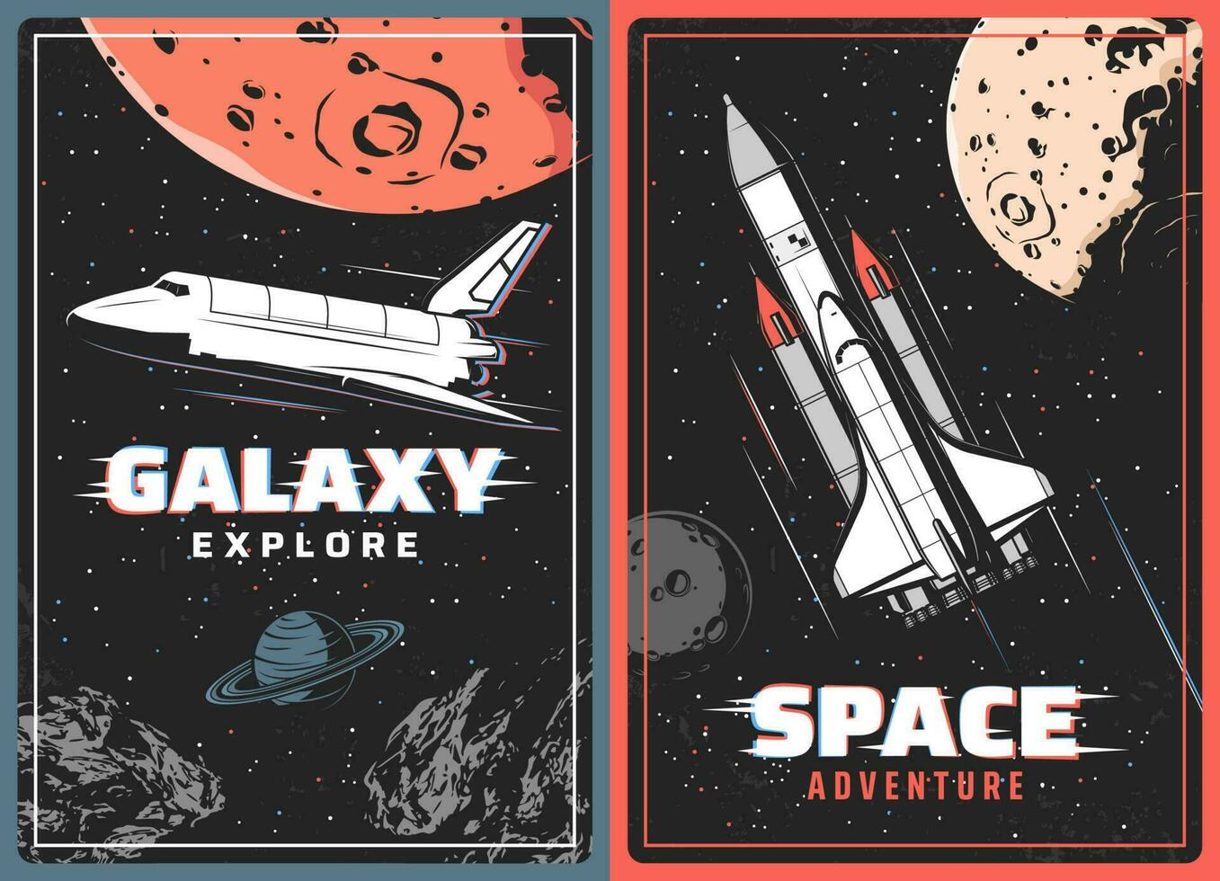 Galaxy explorer retro posters with glitch effect vector