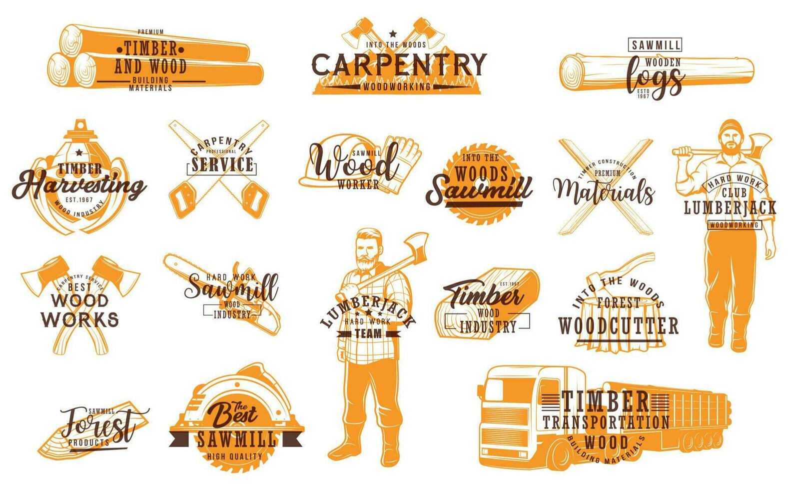 Lumberjack, carpenter and logging, sawmill icons vector
