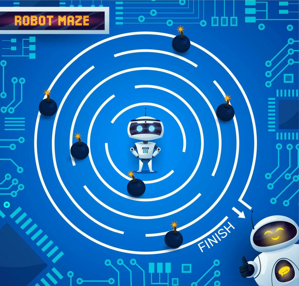Kids labyrinth maze game, robots and motherboard vector