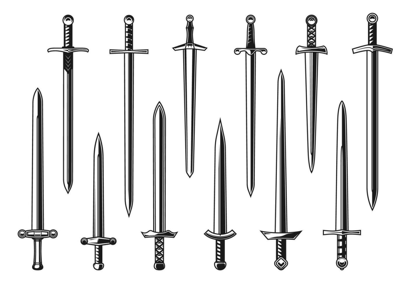 European knight straight swords, medieval weapon vector