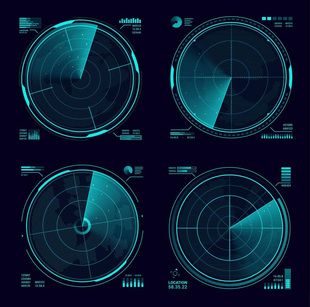 hud militar Radar o Ejército sonar azul neón monitor vector