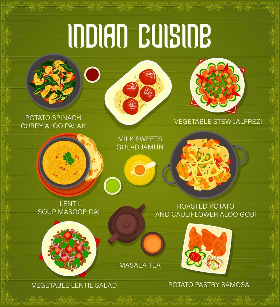 indio cocina menú con especia comida platos vector
