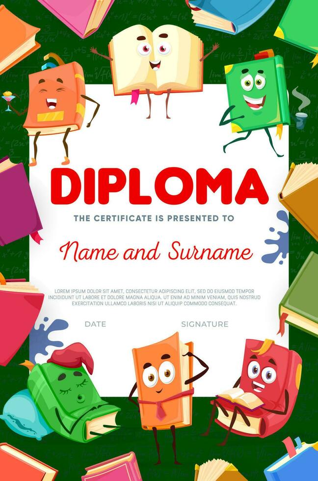 Kids diploma with funny books cartoon characters vector