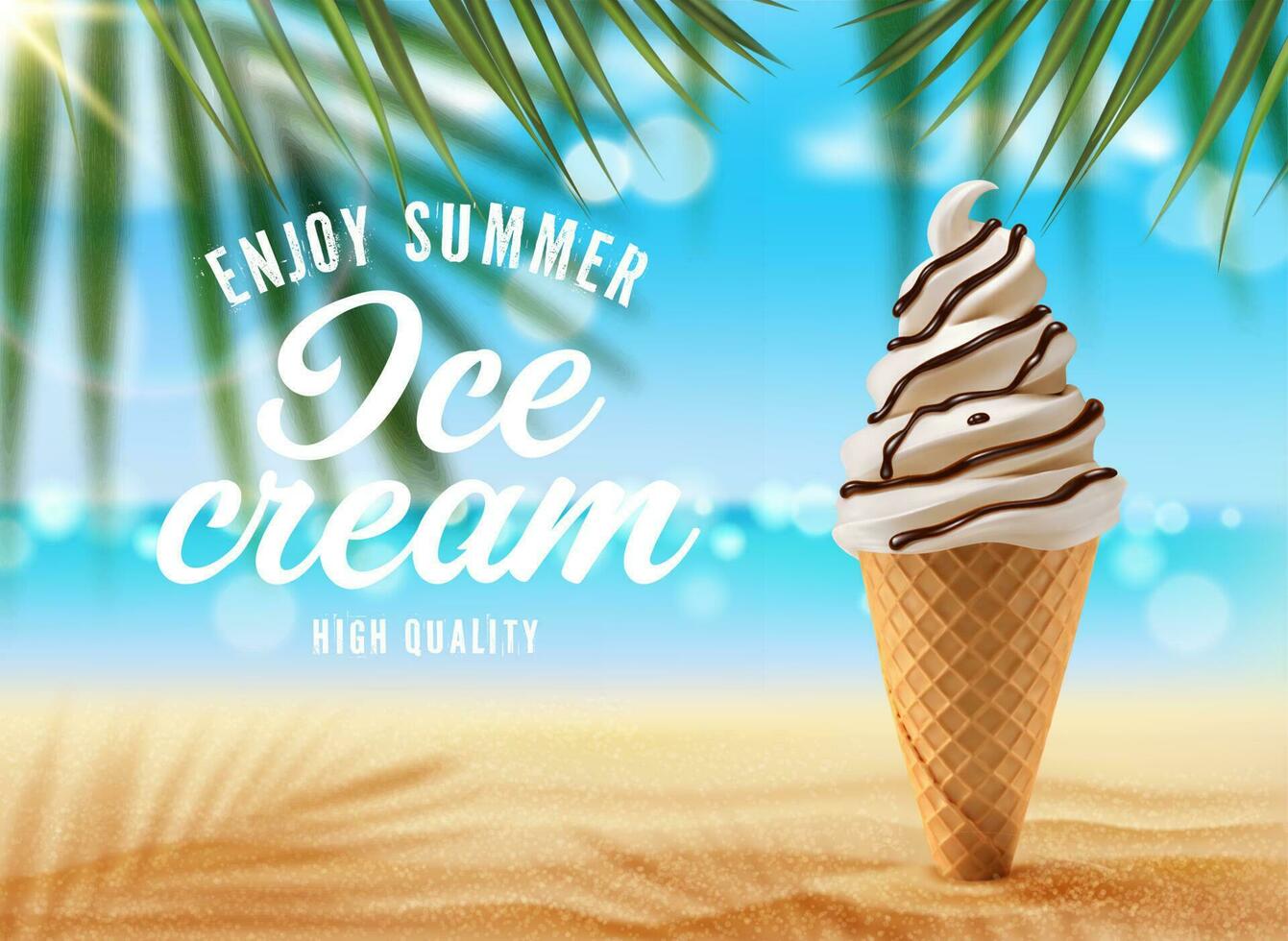 Vanilla ice cream cone on palm beach, vector ad