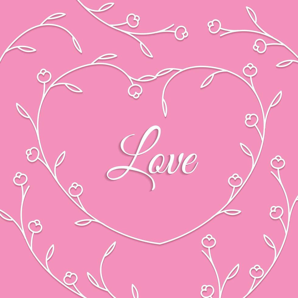 White and pink heart vector outline illustration with flowers and leaves.