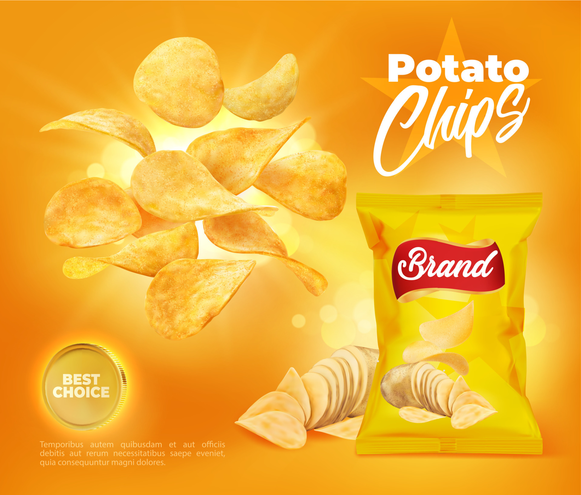 Crispy wavy potato chips with realistic package. 23498795 Vector Art at