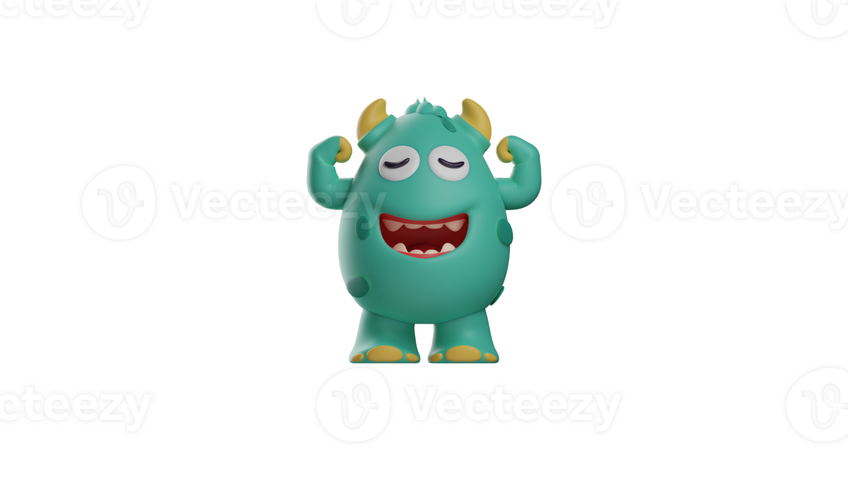 3D illustration. Little Monster 3D Cartoon Character. Little monster showed the muscles of both arms. Monster showed a strange expression. Monster feel strong. 3d cartoon character png