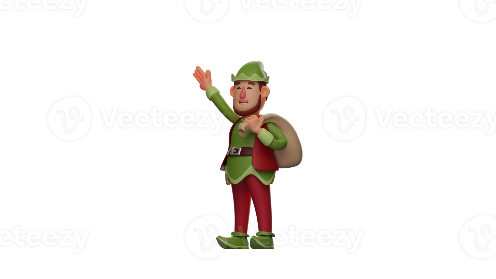 3D Illustration. Sweet Elf 3D cartoon character. Elf brought a sack containing a lot of prizes on his shoulder. Elf waved his hand and smiled sweetly. 3D cartoon character png