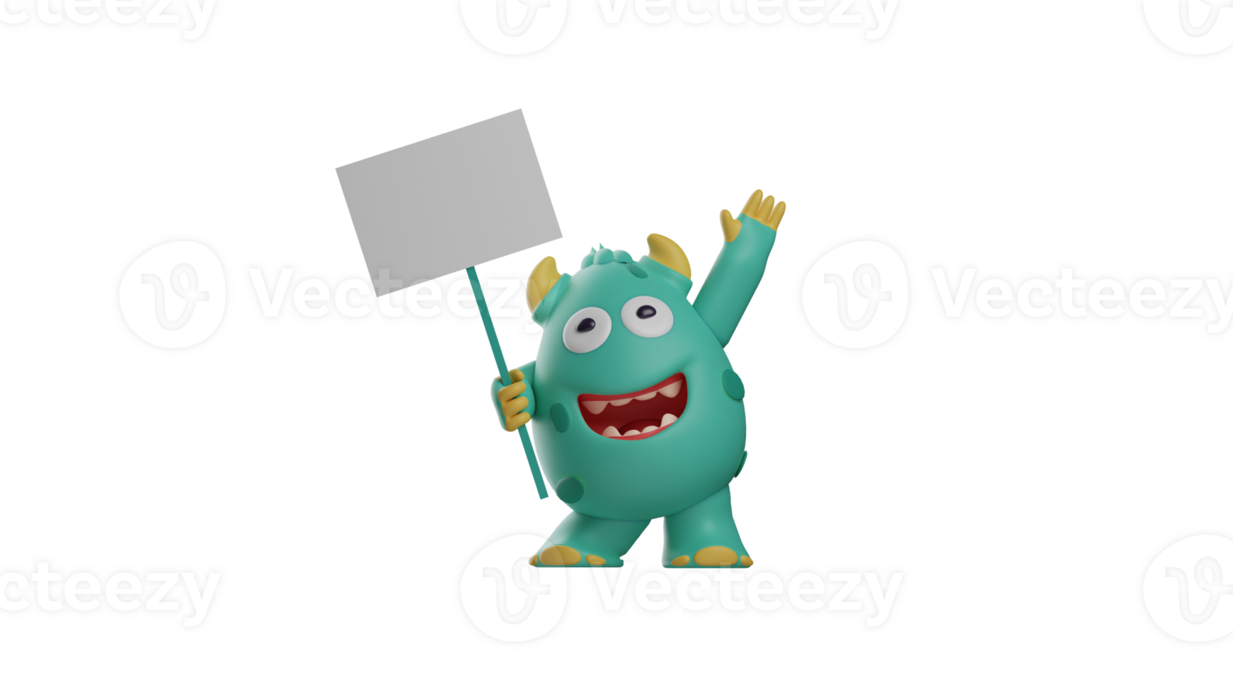 3D illustration. Attractive Monster 3D Cartoon Character. The monster raised a small white board while waving one hand. Monster showed a happy expression with a big grin. 3d cartoon character png
