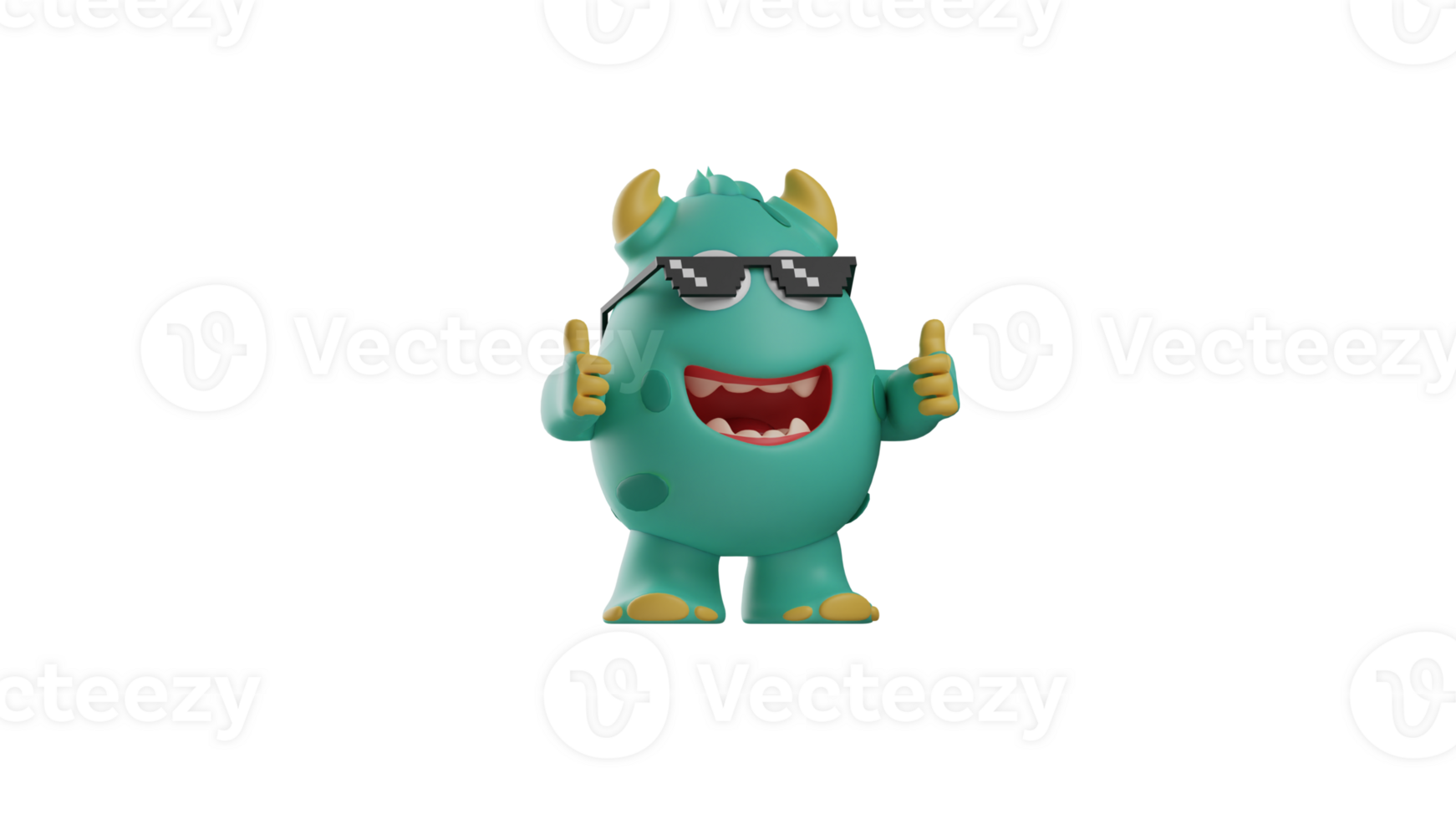 3D illustration. Cool Monster 3D Cartoon Character. Monster wearing sunglasses. Monster smiled coolly and gave two thumbs up. Happy monster looking at something. 3d cartoon character png