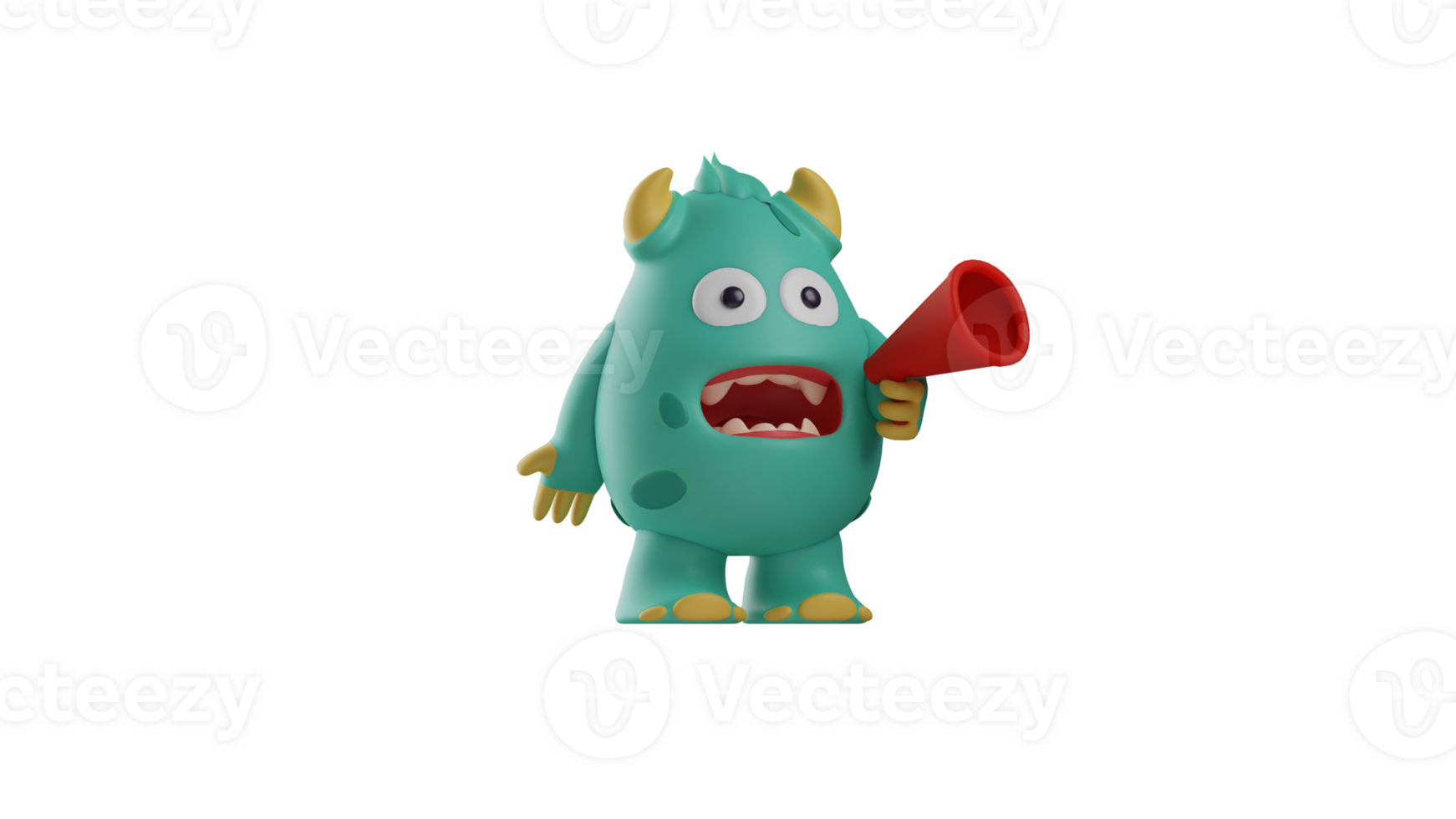3D illustration. Excited Monster 3D Cartoon Character. Monster is talking into a red megaphone. Monster showed an annoyed expression. 3d cartoon character png