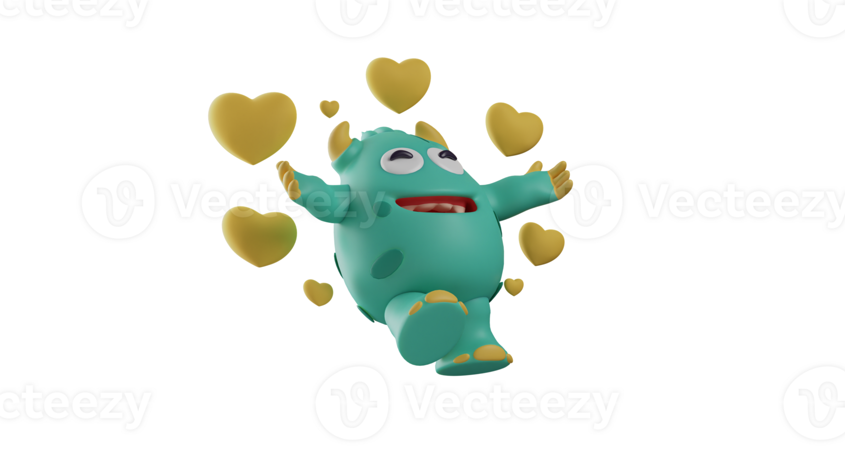 3D illustration. Romantic Monster 3D Cartoon Character. Monster is feeling in love. A monster in a levitating pose and smiling happily surrounded by a yellow heart. 3d cartoon character png