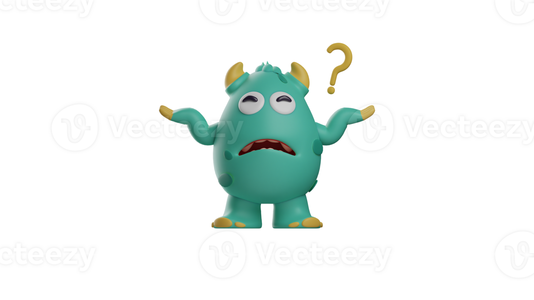 3D illustration. Confused Monster 3D Cartoon Character. Monster raised both hands in question. The monster showed a confused expression. Monster have a lot of questions. 3d cartoon character png