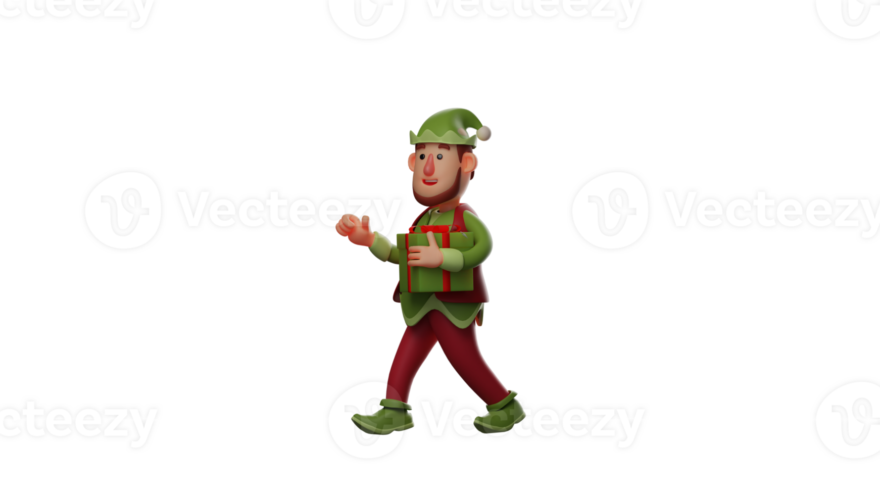 3D Illustration. Adorable Elf 3D Cartoon character. Elf is walking around. Elf walked while carrying a gift box he would give to a child. Elf shows a happy expression. 3D cartoon character png