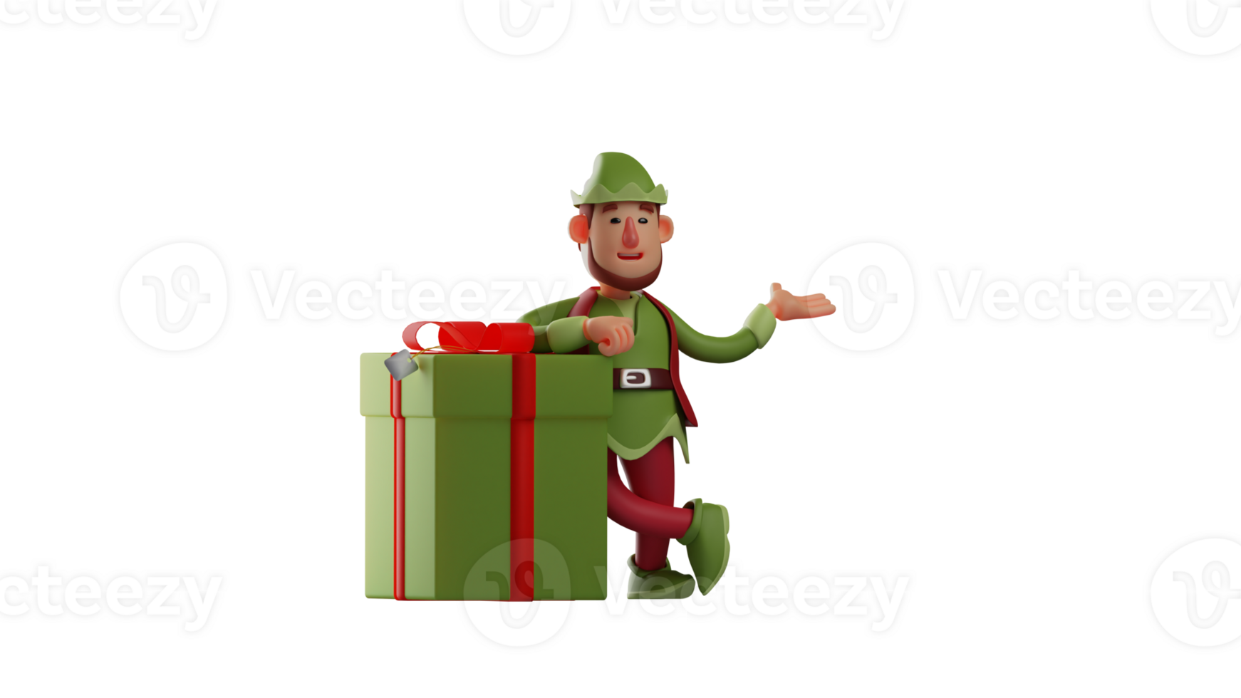 3D illustration. Cool Elf 3D cartoon character. Elf leaned on a giant gift box. Elf leaned back while showing his sweet smile. 3D cartoon character png