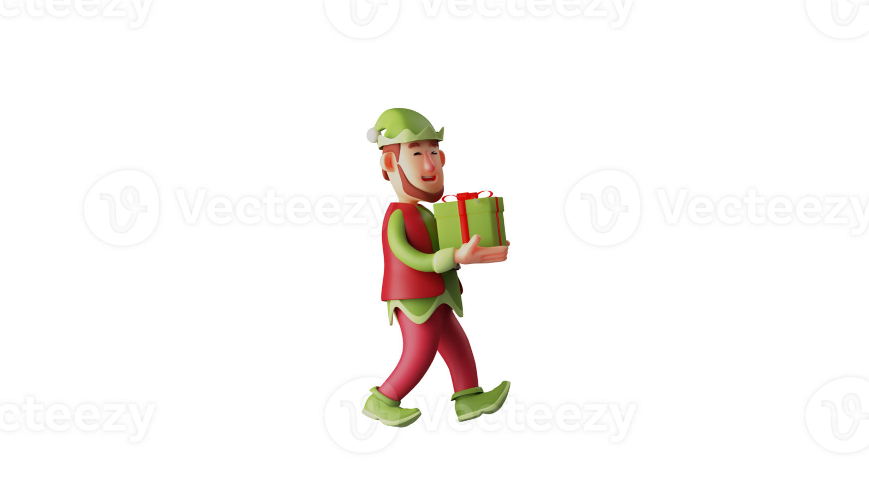 3D illustration. Good Elf 3D cartoon character. Elf wears a green costume. Elf was walking around to distribute gift. Elf brought a gift box. 3D cartoon character png