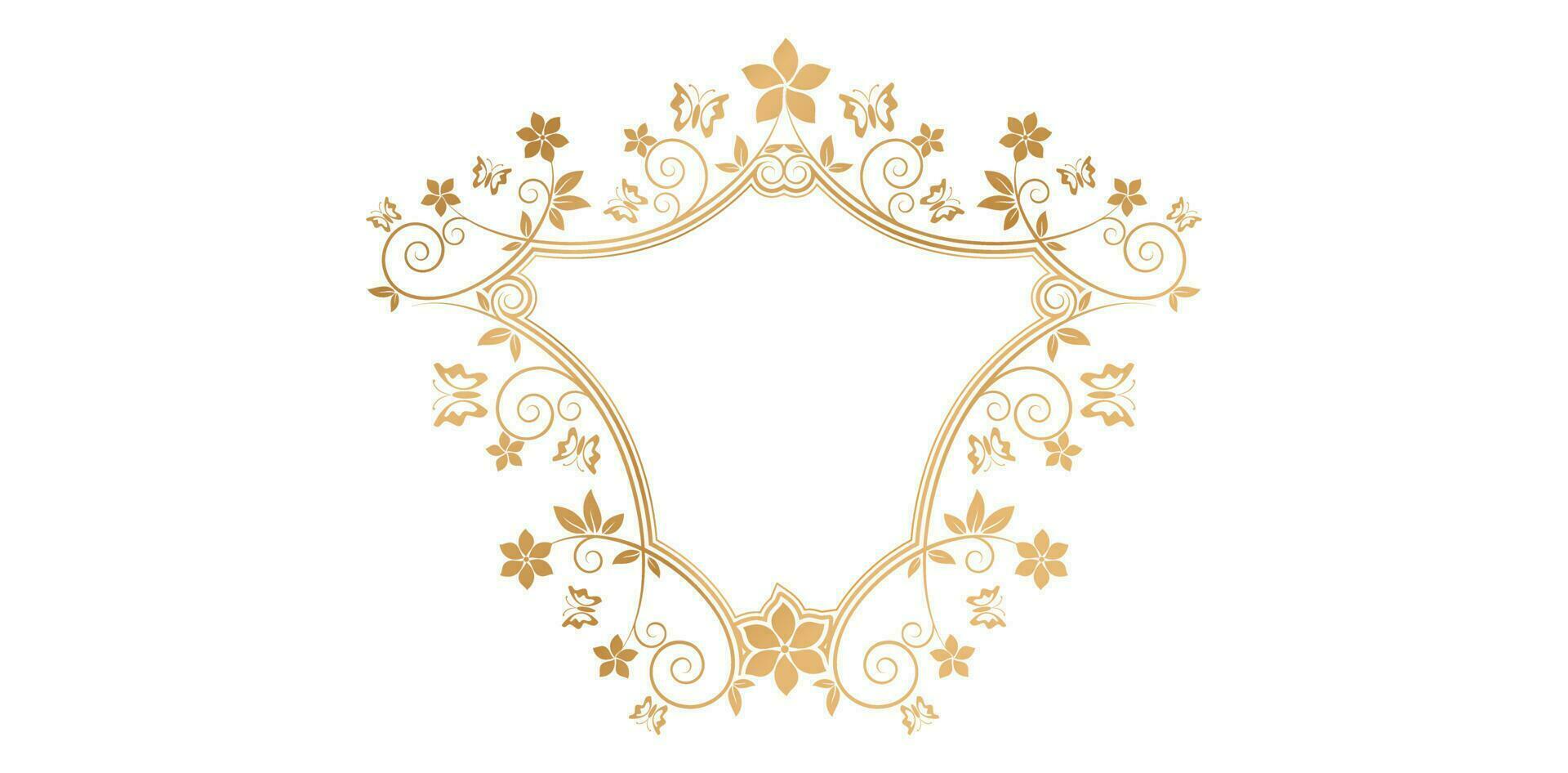 vector illustration shield frame golden flowers ornaments with place for your text, screen printing, paper craft printable designs, wedding invitation covers, stationery design, presentation graphics