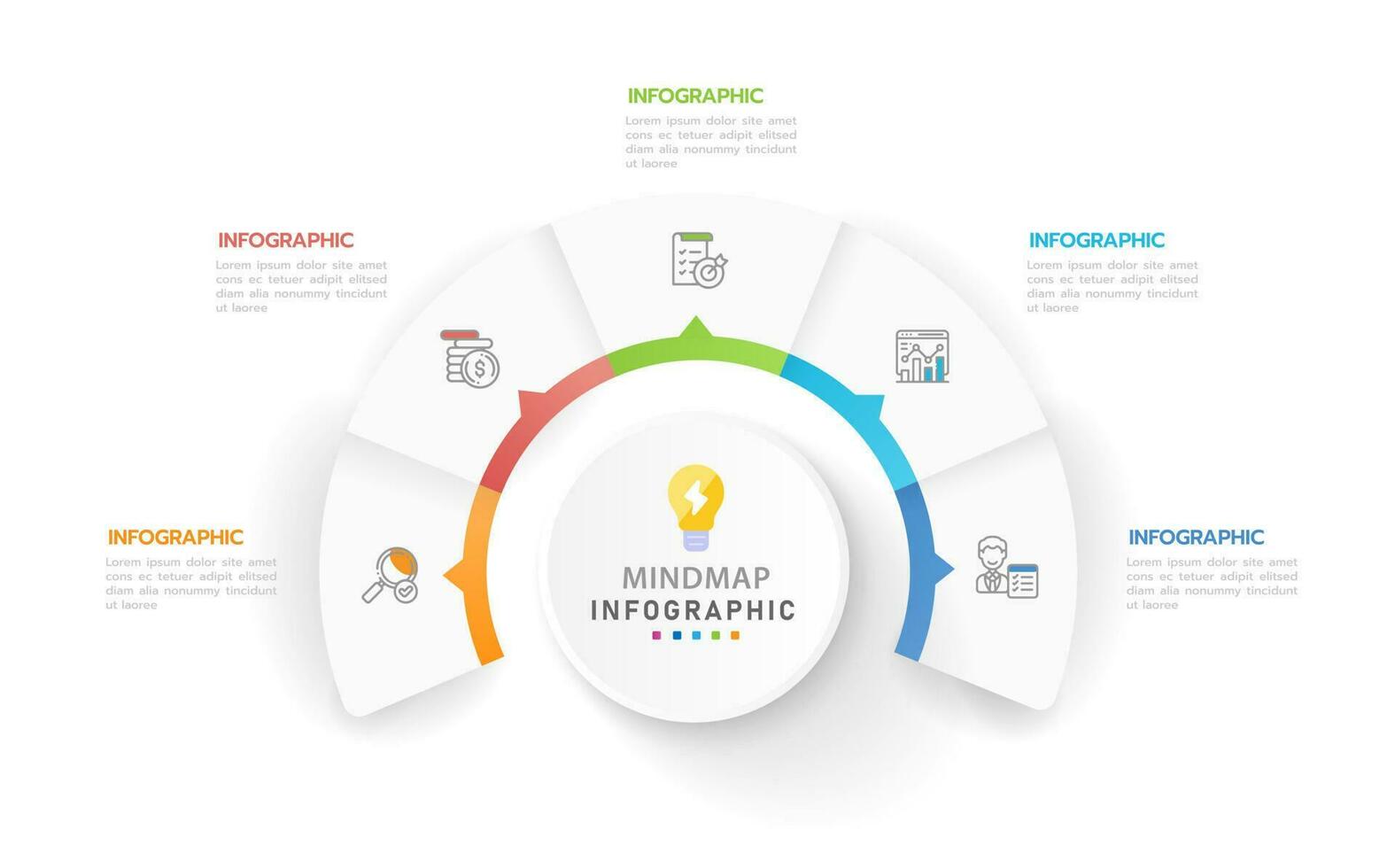 plantilla infográfica para negocios. Diagrama de mapa mental moderno de 5 pasos con temas, infografía vectorial de presentación. vector