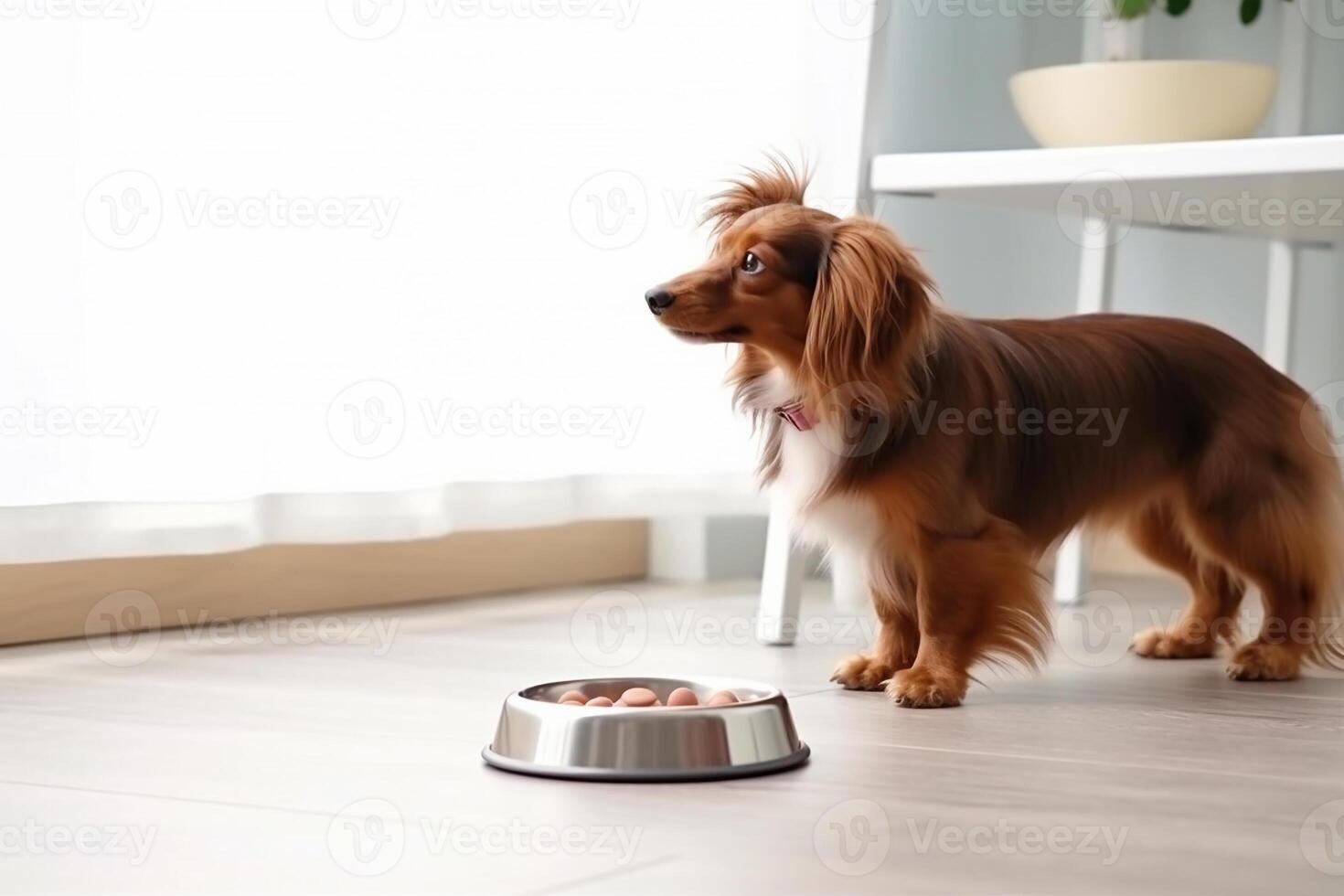 Cute Dachshund Dog standing next to the food bowl at home kitchen, photo
