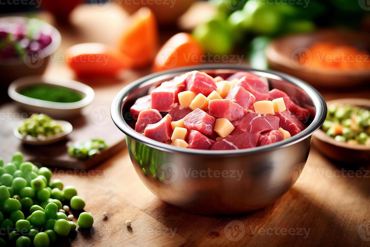 Dog food bowl, meat and vegetables. photo