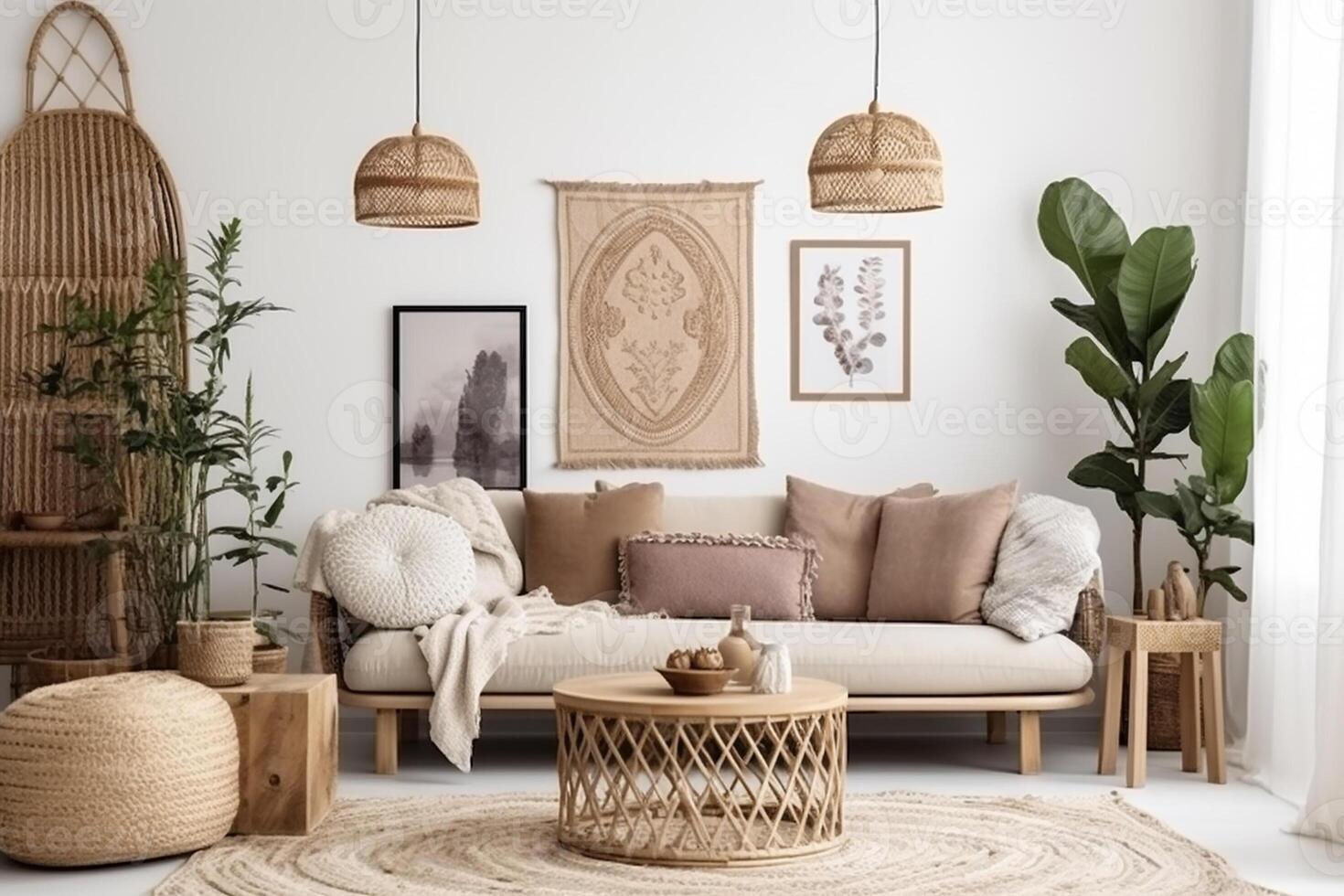 Stylish bedroom interior design in boho style with blank poster frame, big windows, natural day light. photo