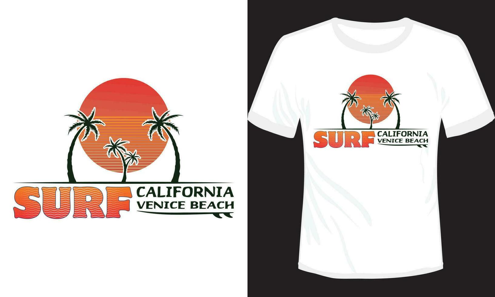 tropical playa surf con palma arboles y navegar tablero vector Clásico camiseta ilustración diseño, California playa surf camiseta diseño