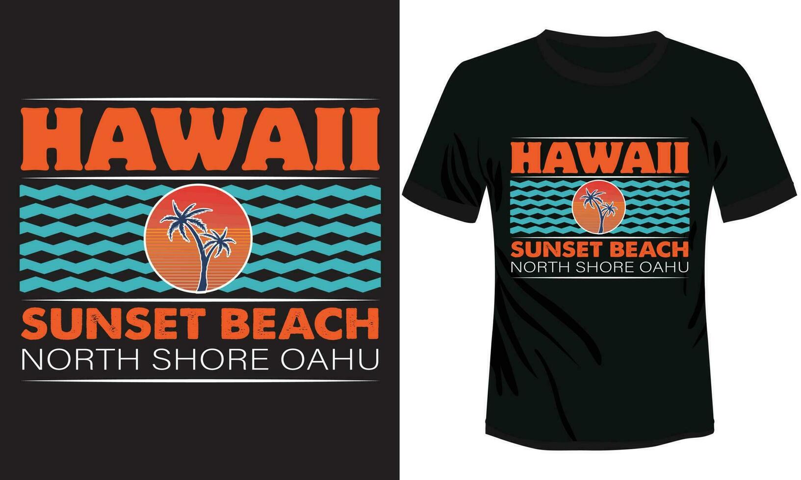 Hawai puesta de sol playa norte apuntalar oahu camiseta diseño listo para imprimir, vector ilustración de puesta de sol playa
