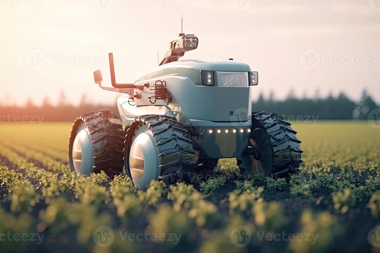 Unmanned robot working in agricultural field. photo