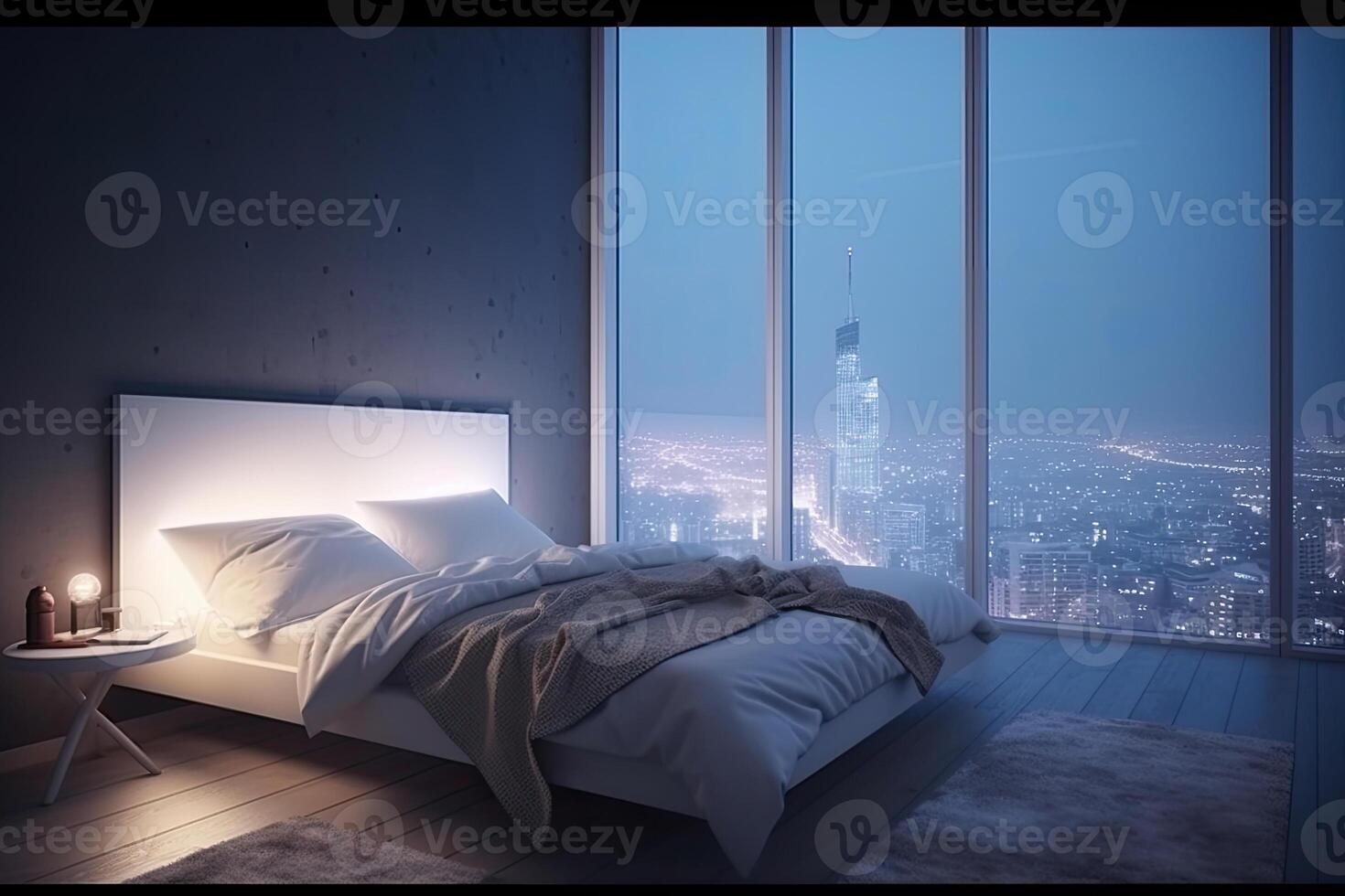 Large bed in living room with night city view in window. photo