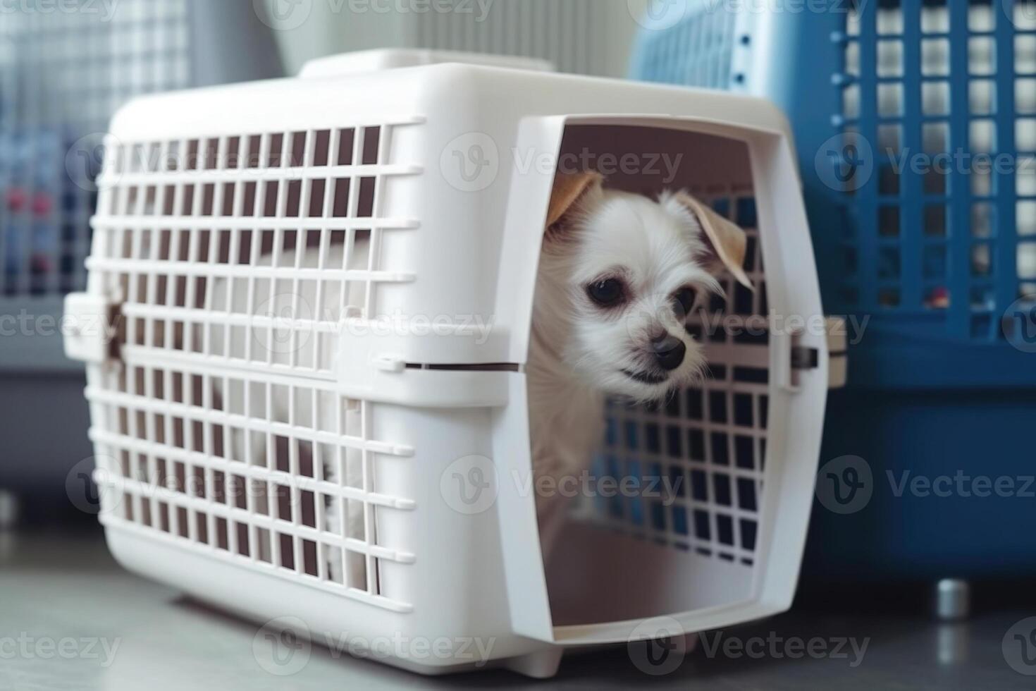 Dog in carrier cage. Travelling with pet. photo