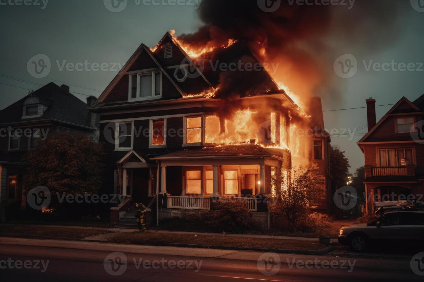 Burning house in the night. Residential house in fire. photo