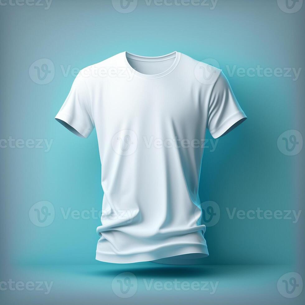 blanco camiseta Bosquejo en azul fondo, generativo ai foto
