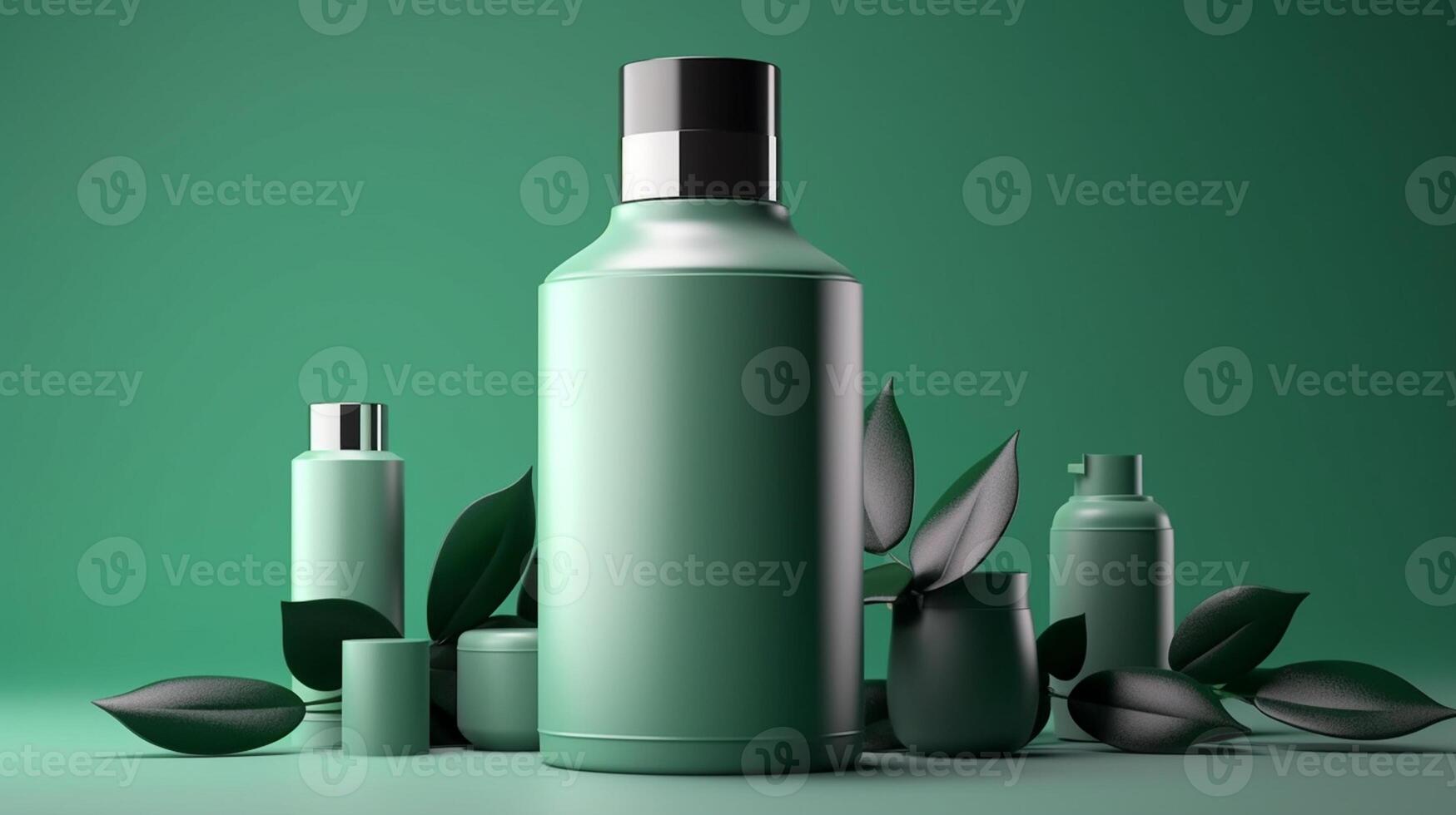 Mockup of cosmetic bottle with green leaves, photo