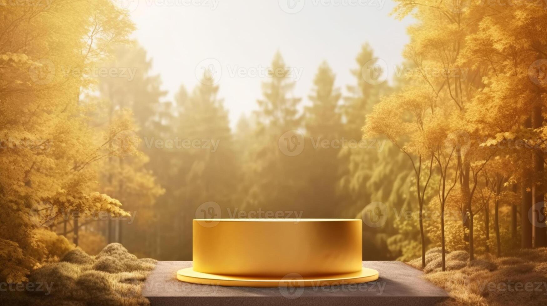 golden podium for product presentation in autumn forest, photo