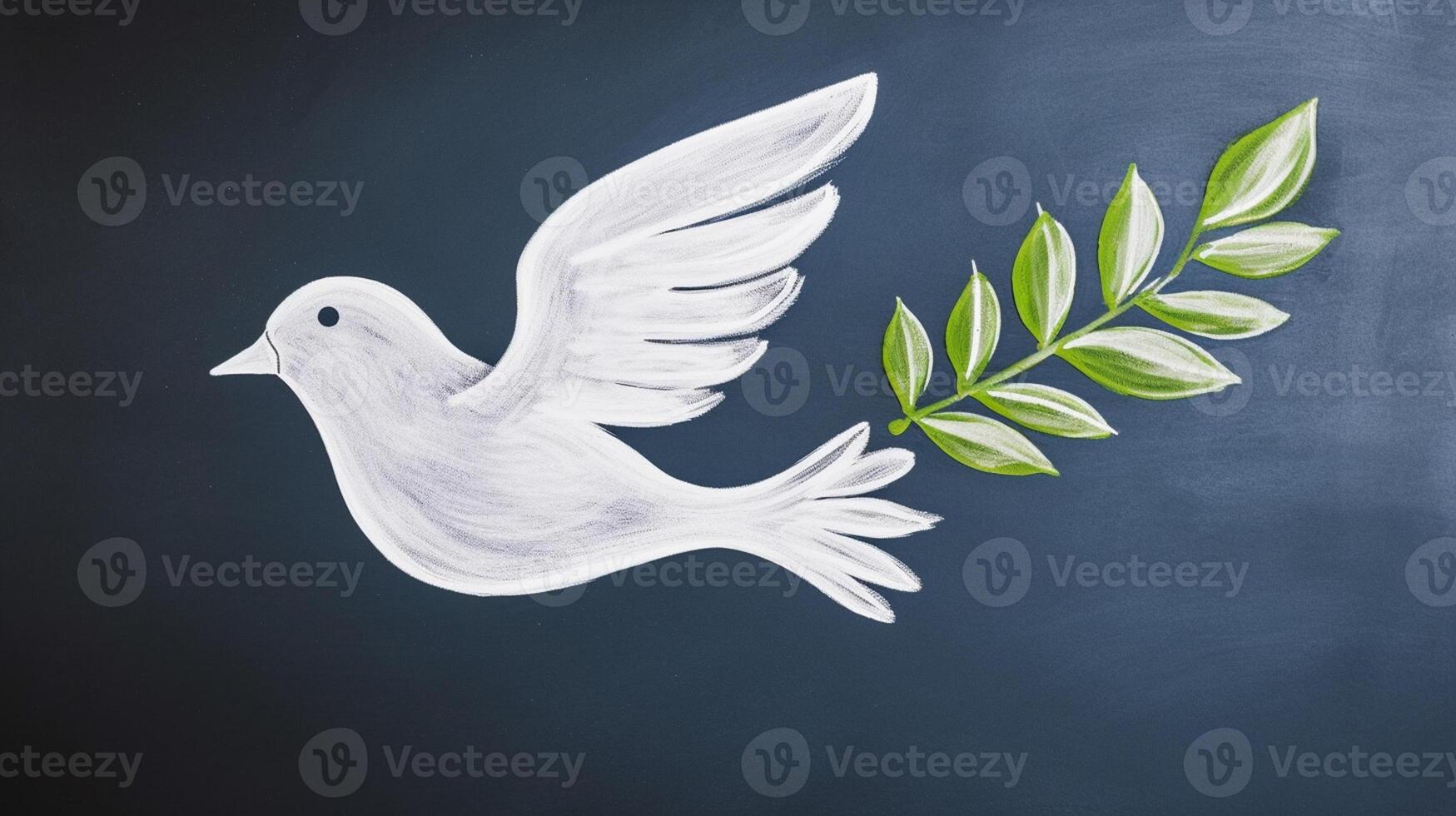 White dove with olive branch on a dark background. International Peace Day Concept, photo