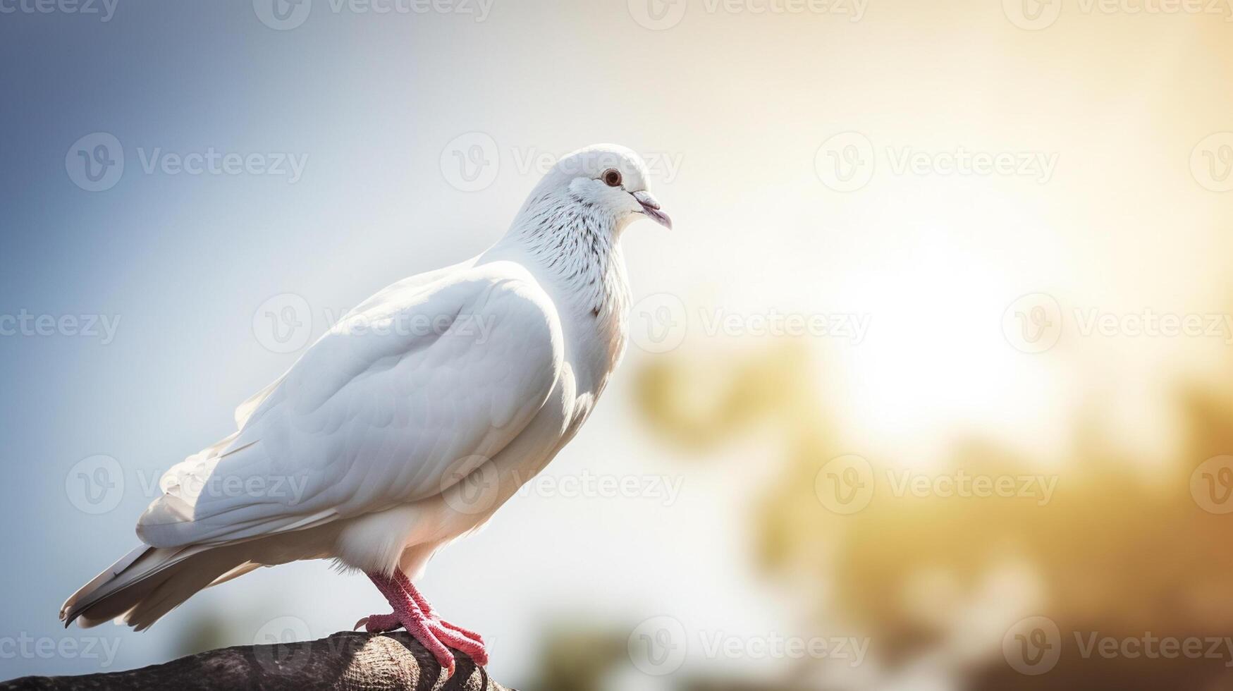 Pigeon sitting on a branch with blue sky and clouds background. International Peace Day Concept, photo